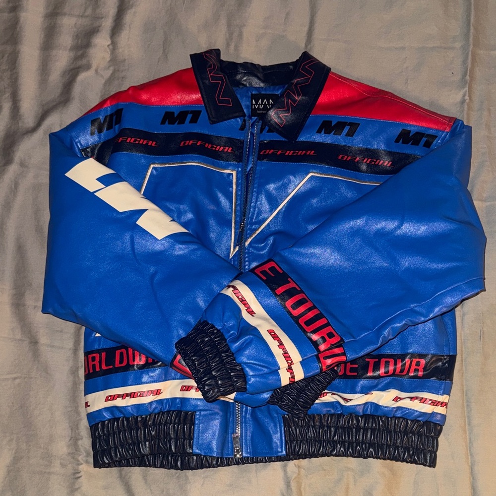 Men's Blue & Red Racing-Inspired Bomber Jacket